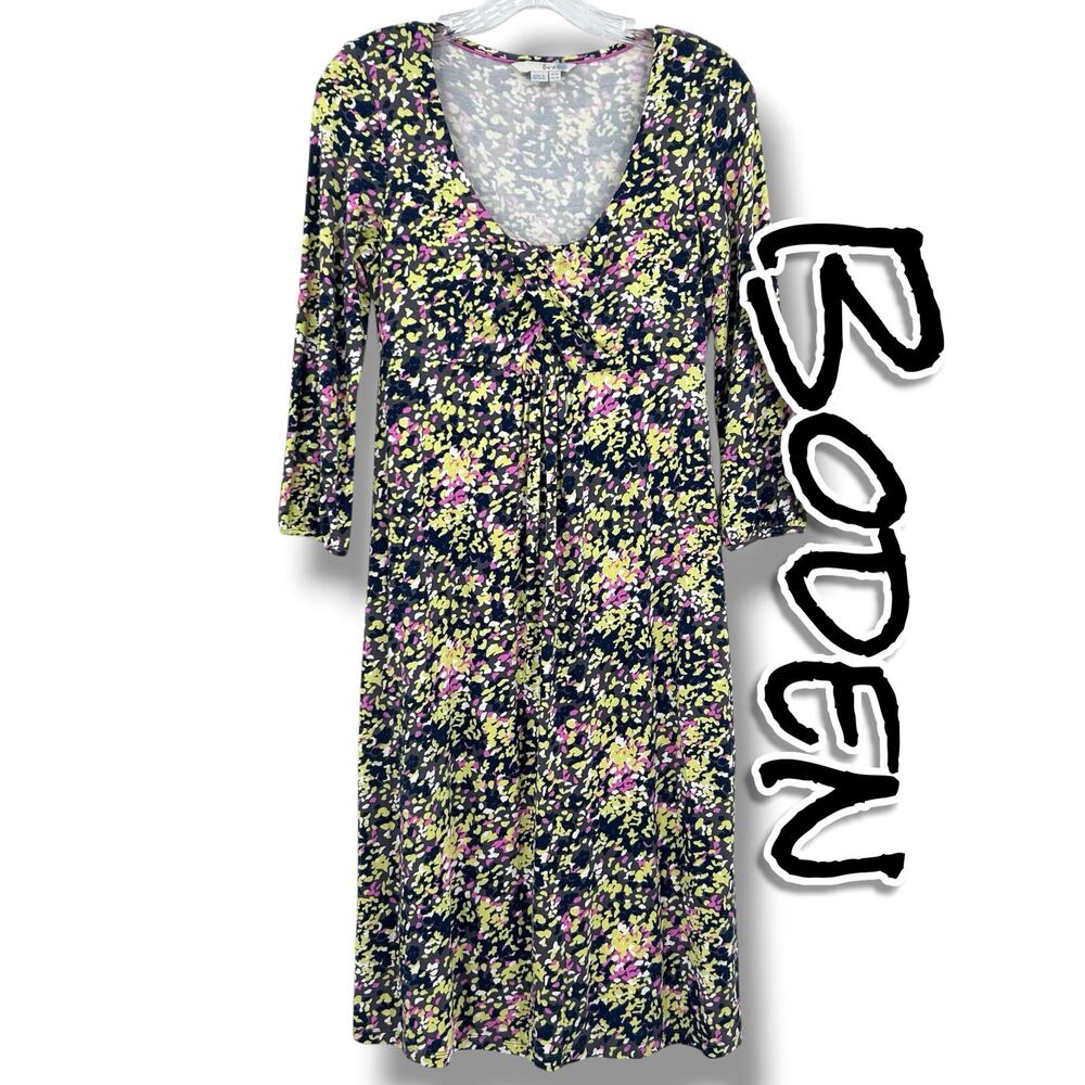Boden Edie Dress 6L Navy Pink Floral Twist Front Jersey Midi Long Modest Cottage